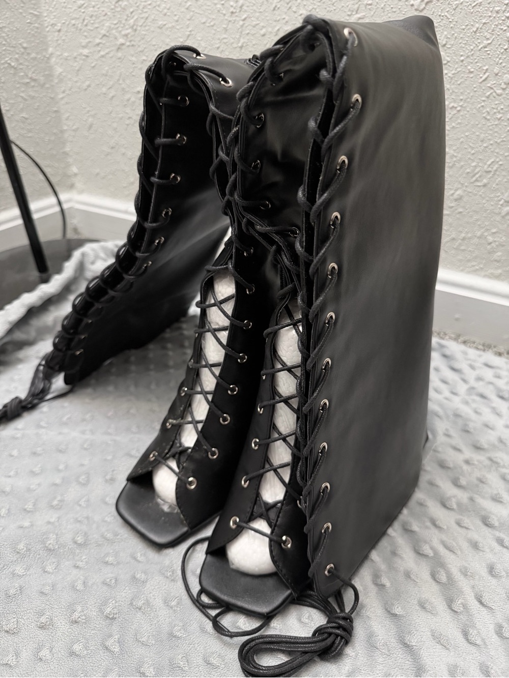 Liliana Black Lace-Up Over-the-Knee Peep-Toe Heeled Boots - Picture 4 of 5